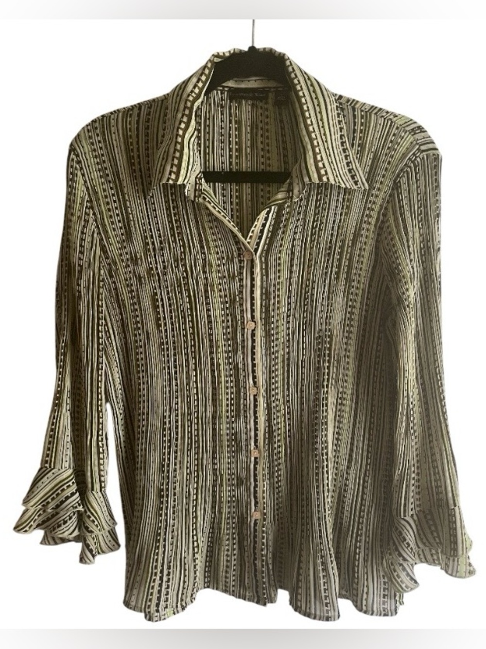 80s 90s Pleated Ruffle Bell Sleeve Button Blouse L Essentials By Milano Plisse
